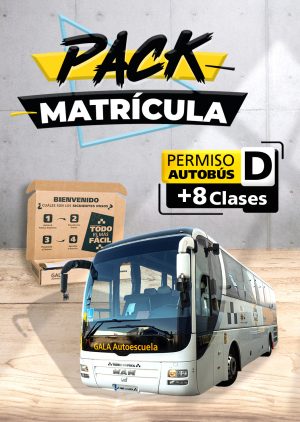 Imagen de un autobús de la Autoescuela Gala con texto que dice Pack Matrícula Permiso de autobús D + 8 Clases