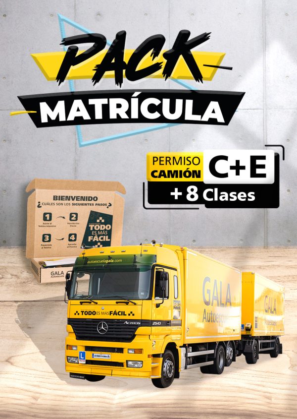 Imagen de un autobús con un tráiler de la Autoescuela Gala con texto que dice Pack Matrícula Permiso de camión C + E + 8 Clases