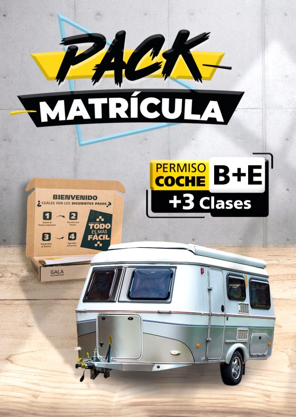 Imagen de un remolque con texto que dice Pack Matrícula Permiso de Coche B+E + 3 Clases