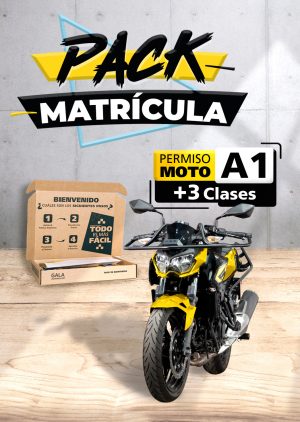 Imagen de una moto de la Autoescuela Gala con texto que dice Pack Matrícula Permiso de moto A1 + 3 Clases