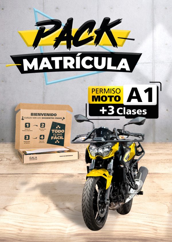 Imagen de una moto de la Autoescuela Gala con texto que dice Pack Matrícula Permiso de moto A1 + 3 Clases