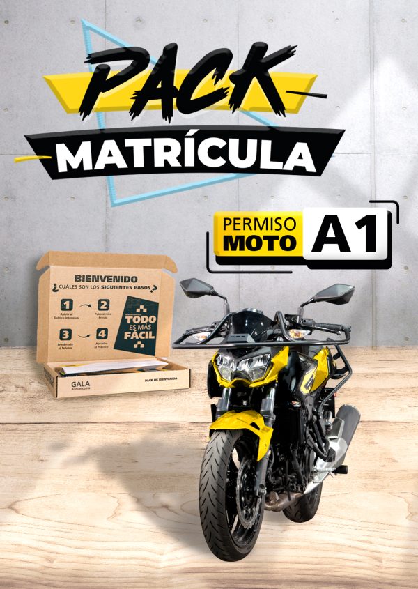 Imagen de una moto de la Autoescuela Gala con texto que dice Pack Matrícula Permiso de moto A1