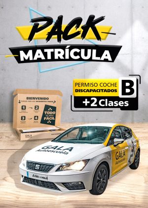 Imagen de un coche de la Autoescuela Gala con texto que dice Pack Matrícula Permiso de Coche B + 3 Clases, Discapacitados.