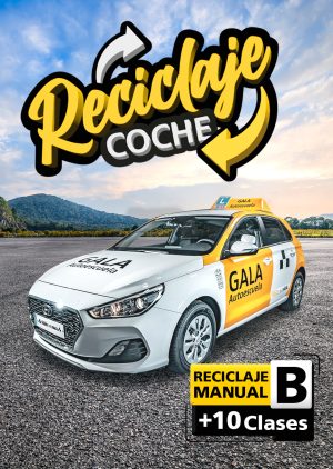 La imagen de un coche de la autoescuela Gala con un testo que dice Reciclaje de coche, Reciclaje Manual B + 10 clases