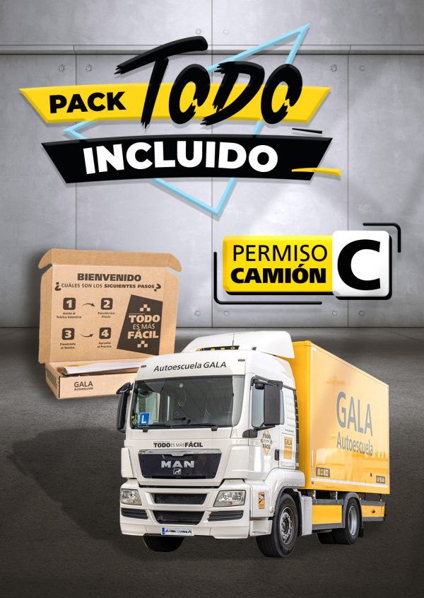 Imagen de una caja y un camión de la Autoescuela Gala con texto que dice Pack Todo Incluido Permiso de camión C