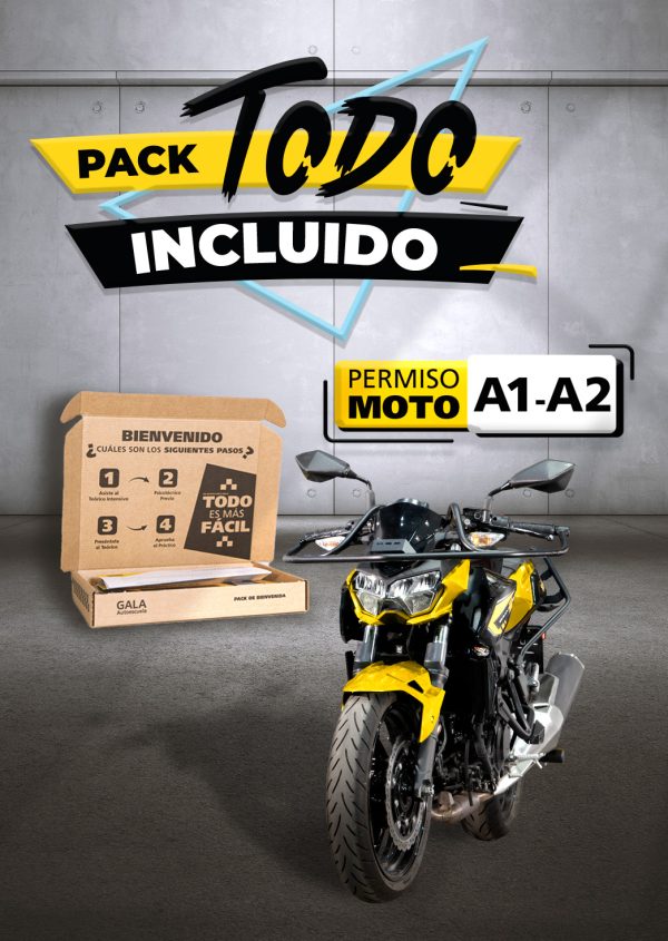 Imagen de una caja y un coche de la Autoescuela Gala con texto que dice Pack Todo Incluido Permiso de moto A1 A2