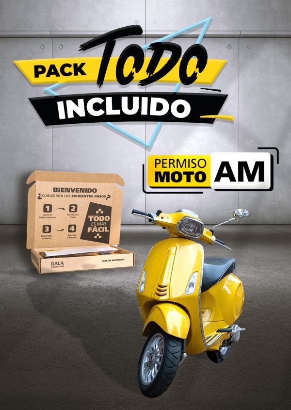 Imagen de una caja y un coche de la Autoescuela Gala con texto que dice Pack Todo Incluido Permiso de moto AM