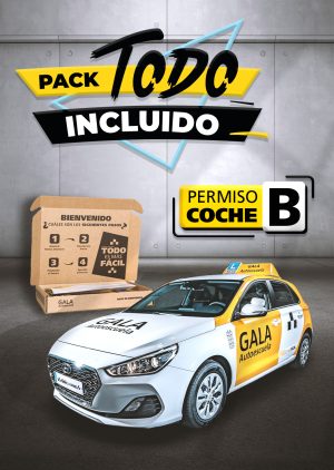 Imagen de una caja y un coche de la Autoescuela Gala con texto que dice Pack Todo Incluido Permiso de coche B