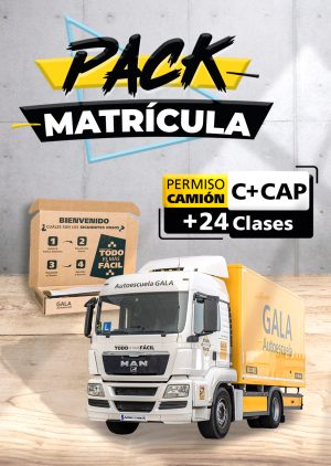 Imagen de un camión de la Autoescuela Gala con texto que dice Pack Matrícula Permiso de camión C+CAP + 24 Clases