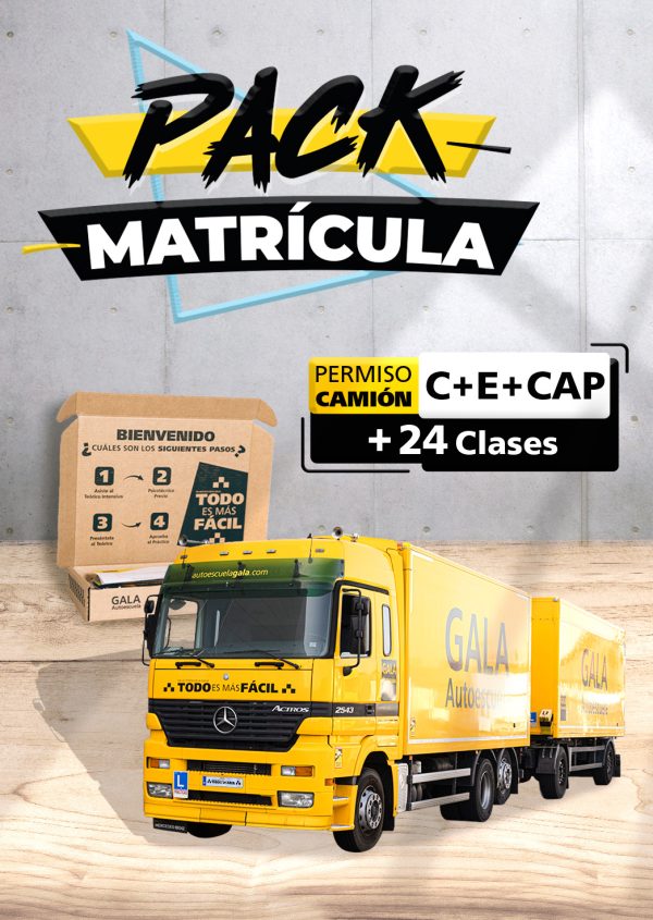 Imagen de un camión con tráiler de la Autoescuela Gala con texto que dice Pack Matrícula Permiso de camión C + E + CAP + 24 Clases