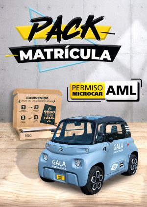 Imagen de una caja y un microcar de la Autoescuela Gala con texto que dice Pack Matrícula Permiso Microcar AML