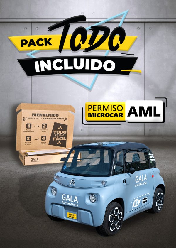 Imagen de una caja y un microcar de la Autoescuela Gala con texto que dice Pack Todo Incluido Permiso Microcar AML