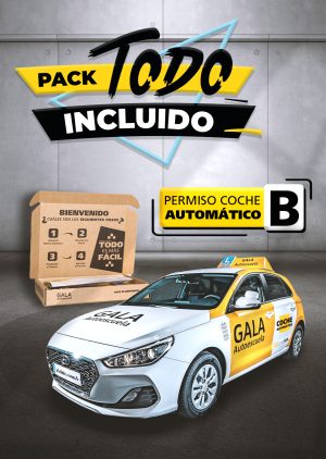 Imagen de una caja y un coche de la Autoescuela Gala con texto que dice Pack Todo Incluido Permiso de coche B Automático