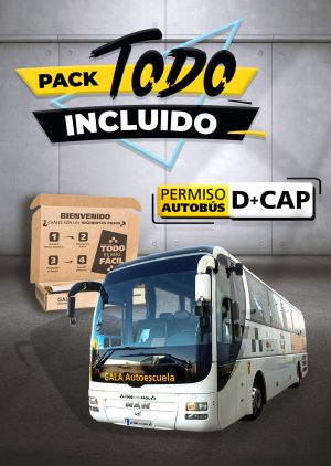 Imagen de una caja y un autobús de la Autoescuela Gala con texto que dice Pack Todo Incluido Permiso de Autobús D + CAP