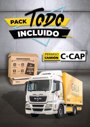 Imagen de una caja y un camión de la Autoescuela Gala con texto que dice Pack Todo Incluido Permiso de camión C + CAP