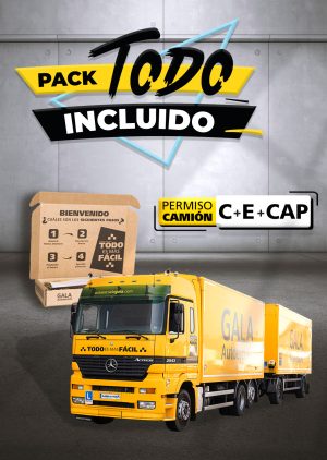 Imagen de una caja y un camión con tráiler de la Autoescuela Gala con texto que dice Pack Todo Incluido Permiso de camión C + E + CAP