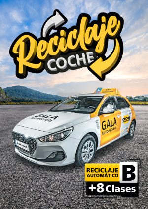 La imagen de un coche de la autoescuela Gala con un texto que dice Reciclaje de coche, Reciclaje Automático B + 8 clases